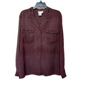 TESS 100% Silk Blouse Lg Long Sleeve Button Up Embroidered Classic Plum
